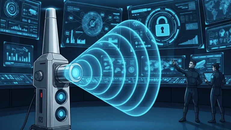 LRAD acoustic hailing device emitting sonic waves toward a security command center with a padlock icon and world map displays, representing Genasys (GNSS) stock analysis
