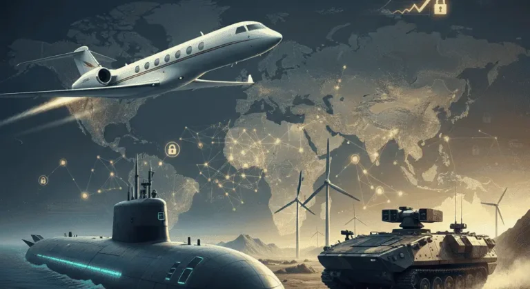 A Gulfstream jet flying above a submarine and armored reconnaissance vehicle, beside a rising stock chart, representing General Dynamics Q3 2025's dual-engine growth