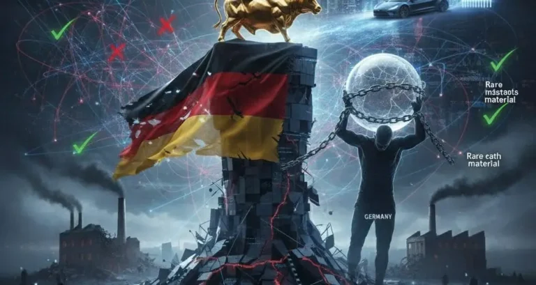 A golden bull atop a crumbling German flag-wrapped tower, beside a chained globe, rare earth checkmarks, and people walking away with briefcases, representing Germany's economy 2025 disconnect