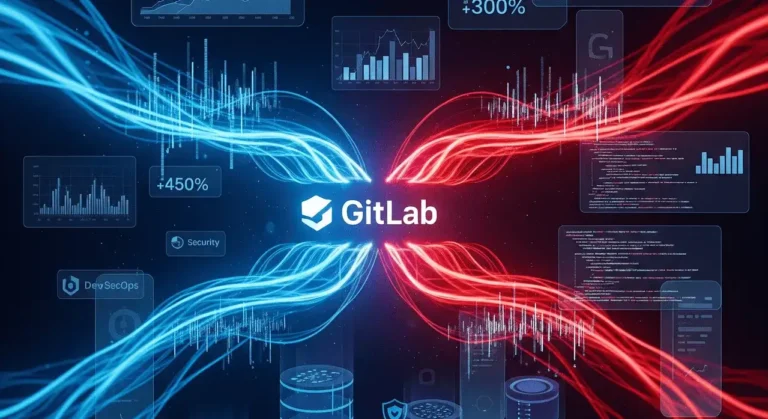 Blue and red data streams converging on the GitLab logo surrounded by growth charts, security shields, and DevSecOps icons, representing GitLab (GTLB) stock analysis