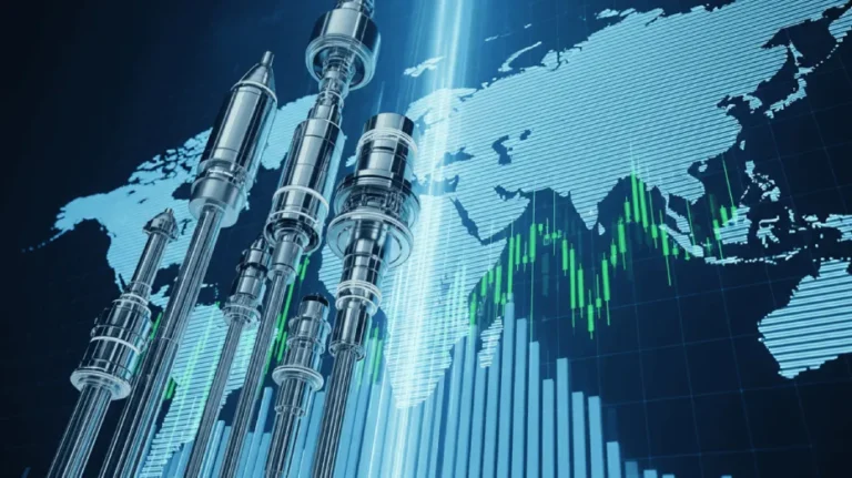 Polished aerospace engine components beside a rising stock chart and world map, representing Howmet Aerospace stock's precision manufacturing