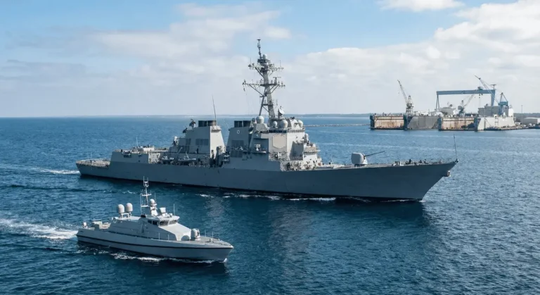 An Arleigh Burke-class destroyer and support vessel sailing past a shipyard with cranes, representing Huntington Ingalls Investment Analysis's naval shipbuilding capacity