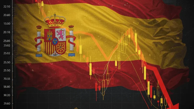 IBEX 35 decline chart with red downward arrow over the Spanish flag, symbolizing 2025 market downside risk