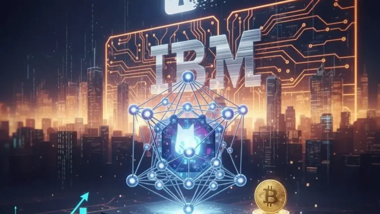 The IBM logo beside a shattering padlock, a quantum network structure, a rising stock chart, and a Bitcoin stack, representing IBM quantum patents' post-quantum security lead