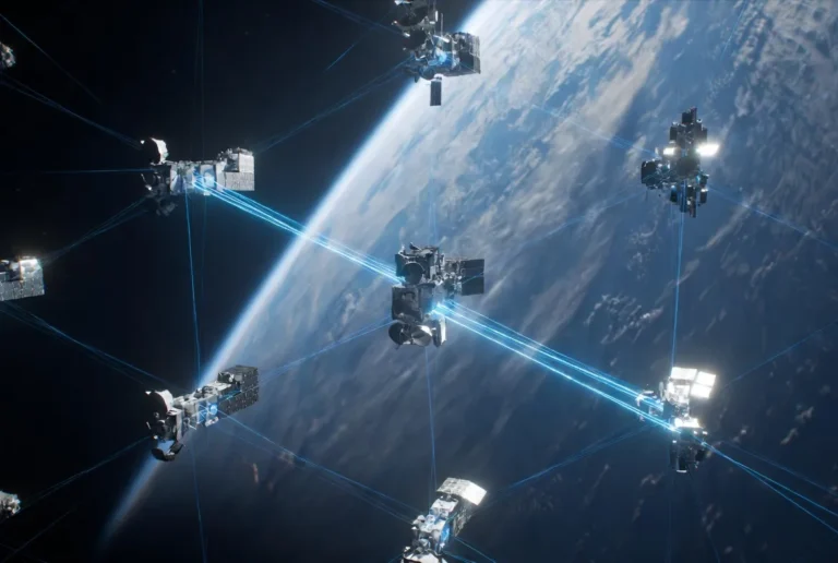 Cross-linked Iridium NEXT satellite constellation in low Earth orbit connected by blue laser beams above Earth, representing Iridium Communications (IRDM) hardened defense network