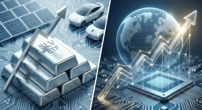 Silver bars stamped SLV ETF beside solar panels and EVs, paired with a rising global tech demand chart on a semiconductor chip, representing the iShares Silver Trust SLV critical mineral thesis