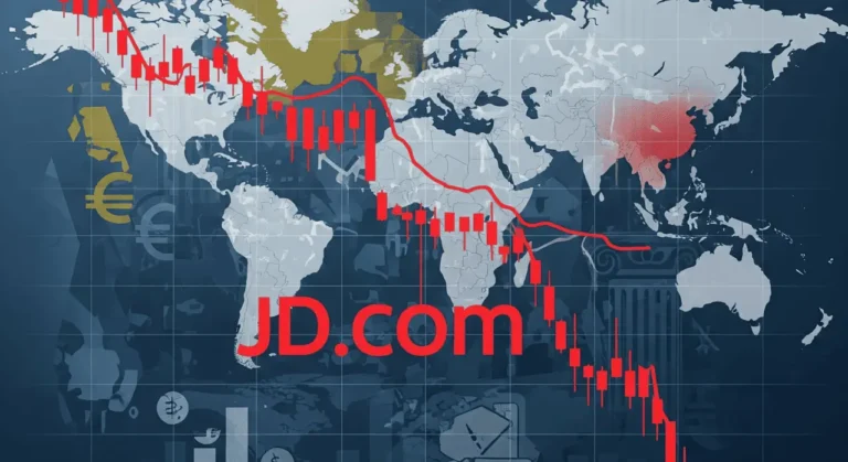 The JD.com logo overlaid on a world map with a steep red declining stock chart, representing JD.com resilience against catastrophic geopolitical tail risk