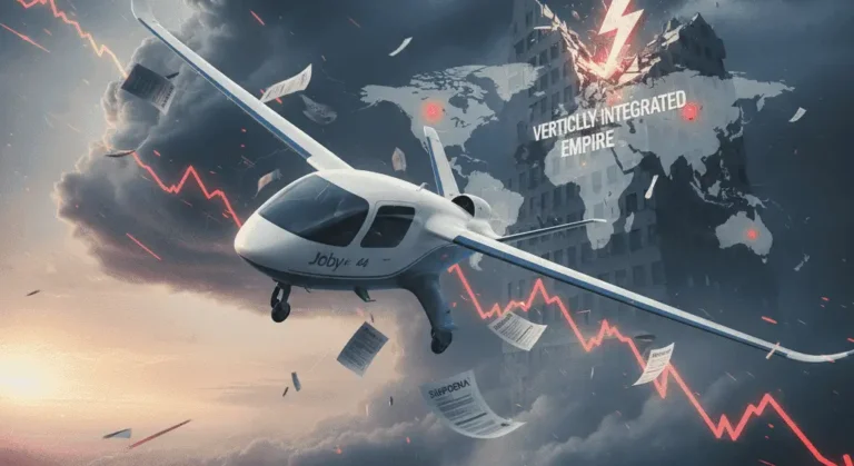 A Joby eVTOL aircraft flying through a storm with a subpoena document falling and a steep declining stock chart, representing Joby Aviation stock's regulatory and legal turbulence