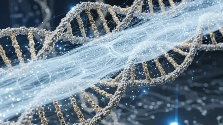 A DNA double helix woven with silk fibers against a circuit-board background, representing Kraig Biocraft spider silk's genetically engineered production platform