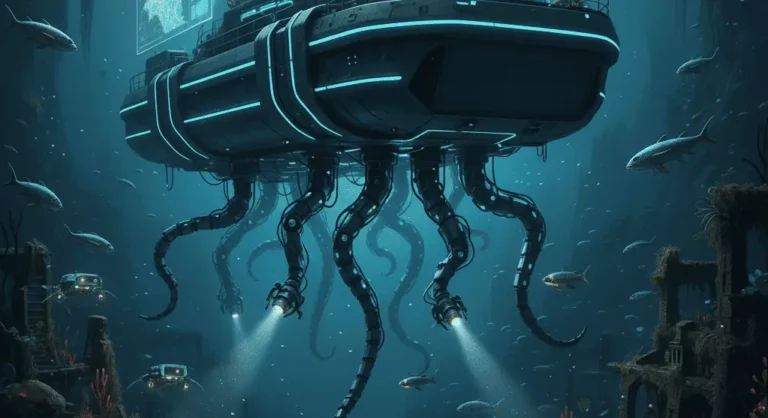 Futuristic autonomous underwater vehicle with robotic tentacle arms and onboard research team exploring a sunken shipwreck, representing Kraken Robotics (KRKNF) subsea sonar and battery technology