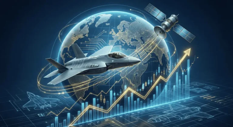 A stealth fighter jet and military satellite orbiting a digital globe beside a rising stock chart, representing L3Harris LHX stock's multi-domain defense technology