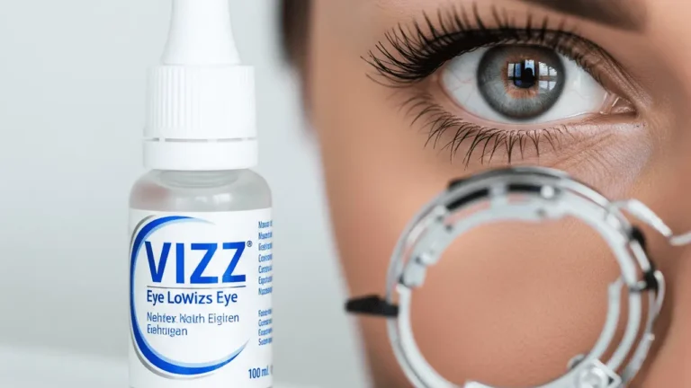 Close-up of a woman's eye beside a VIZZ eye drop bottle and an eye examination lens frame, representing LENZ Therapeutics' FDA-approved presbyopia treatment