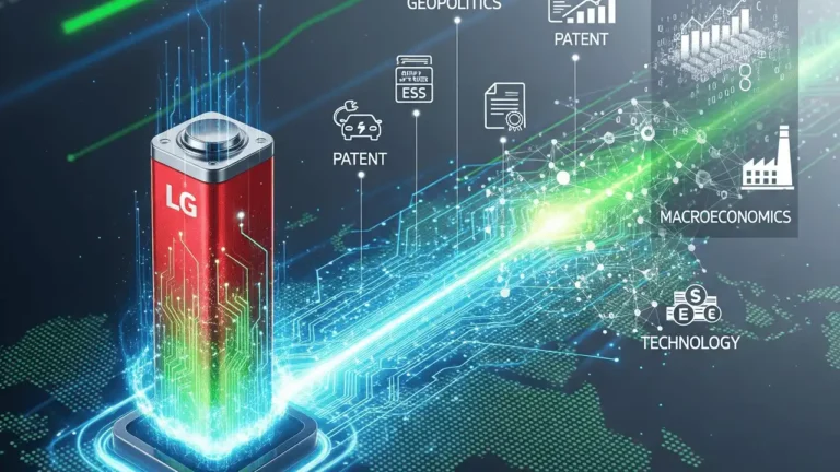 Glowing red LG battery cell connected by light trails to icons for geopolitics, patents, and growth drivers, representing LG Energy Solution stock analysis