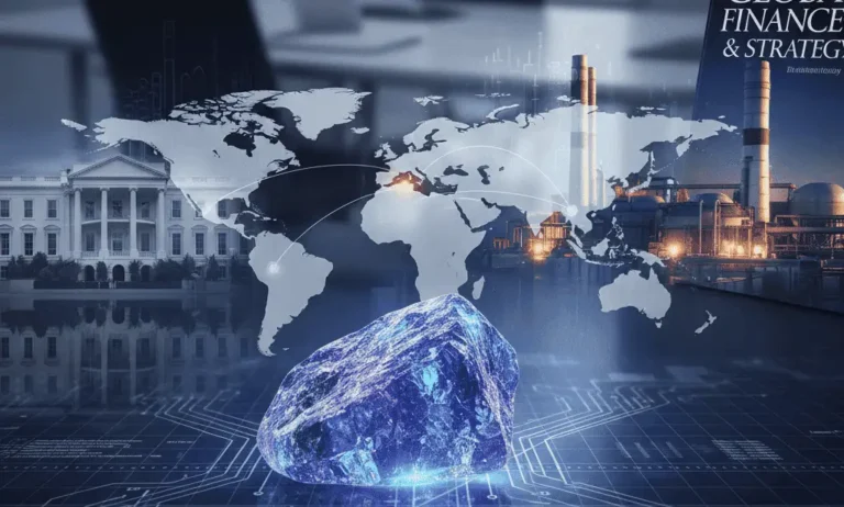 A glowing rare earth mineral beside the White House, a world map, and industrial towers, representing Lynas Rare Earths' role in Western supply chain security