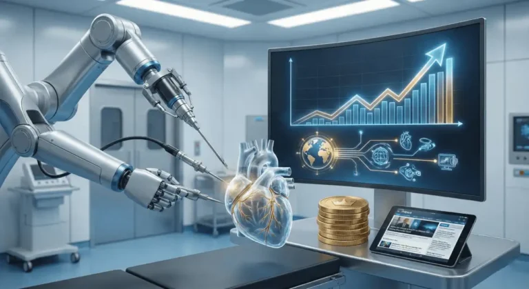 A robotic surgical arm operating on a glowing heart model beside a rising stock chart and gold coin stacks, representing this Medtronic stock forecast's robotics and cardiovascular growth