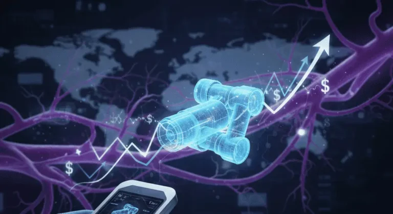 Gloved hands holding a handheld robotic surgical remote control beside a rising stock chart and glowing vascular network, representing Microbot Medical (MBOT) stock analysis