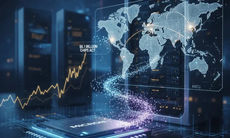 A Micron semiconductor chip beside a $6.1 billion CHIPS Act display and a rising stock chart in a data center, representing the Micron AI memory supercycle