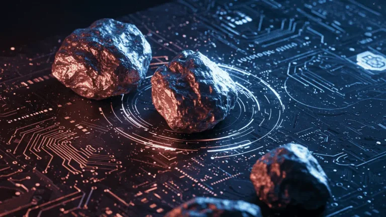 MP Materials rare earth ore chunks glowing atop a red and blue circuit board