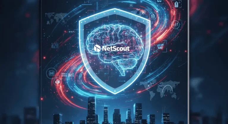Glowing shield and brain icon with the NetScout logo, symbolizing AI-driven cybersecurity for NTCT stock amid rising DDoS threats