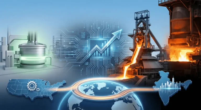 A green-lit steel furnace and traditional blast furnace flank a rising stock chart, connected by a glowing path linking the US and India on a globe, representing Nippon Steel Global Strategy's expansion and green pivot