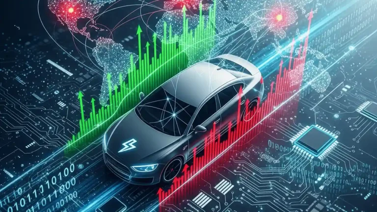 An electric Nissan sedan driving through a digital highway flanked by volatile stock charts and a world map, representing Nissan Motor challenges amid global market pressures