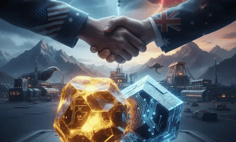 US-Australia handshake above a glowing gold nugget and circuit-patterned mineral cube, symbolizing Nova Minerals' antimony supply chain alliance