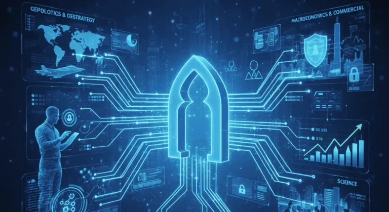 A glowing humanoid network hub radiating to panels for geopolitics, military, macroeconomics, and science, representing Palantir stock 2025's multi-domain AI platform
