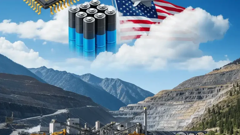 Microchip, batteries, and a missile beside the American flag above the Stibnite antimony and gold mine, representing Perpetua Resources (PPTA) stock