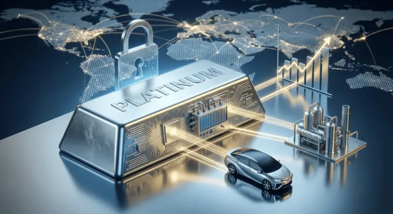 A platinum bar with circuit patterns and a padlock beside a rising stock chart, hydrogen fuel-cell car, and electrolyzer unit, representing the Platinum Investment Outlook 2025's deficit and hydrogen demand thesis