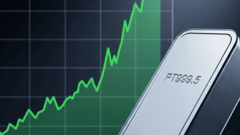 Platinum bar stamped PT999.5 beside a rising green stock price chart, representing the platinum price rally driven by supply deficits and investment demand