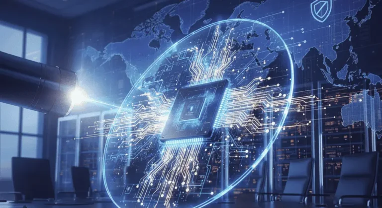 Laser beam illuminating a photonic chip inside a glowing circular Optical Interposer, with a world map and $POET stock branding in the background