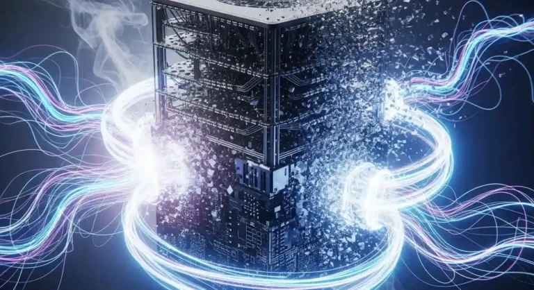 A server tower shattering into fragments with smoke and swirling light trails, representing QCi quantum flaws and the case for the stock's decline