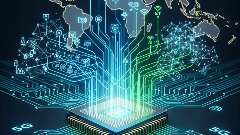 A glowing chip branching into icons for AI, IoT, and 5G connectivity across a world map, representing Qualcomm growth analysis's diversification beyond smartphones