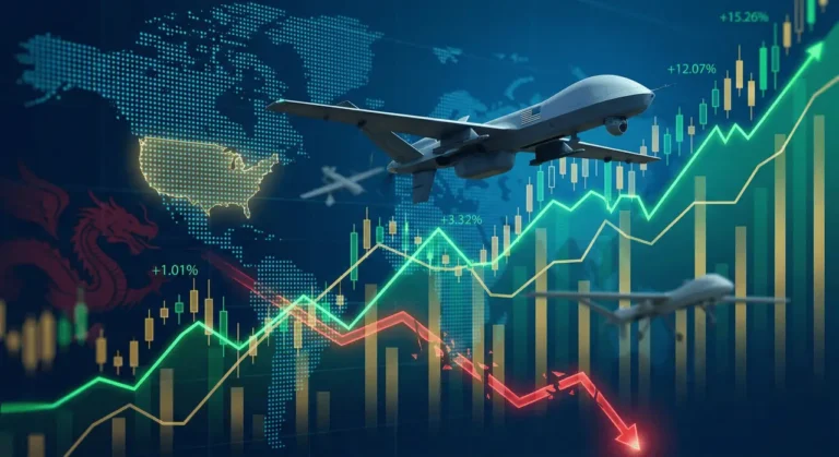 Military reconnaissance drones flying over a US map with a Chinese dragon silhouette and a rising stock chart showing percentage gains, representing RCAT stock's geopolitical drone market rally