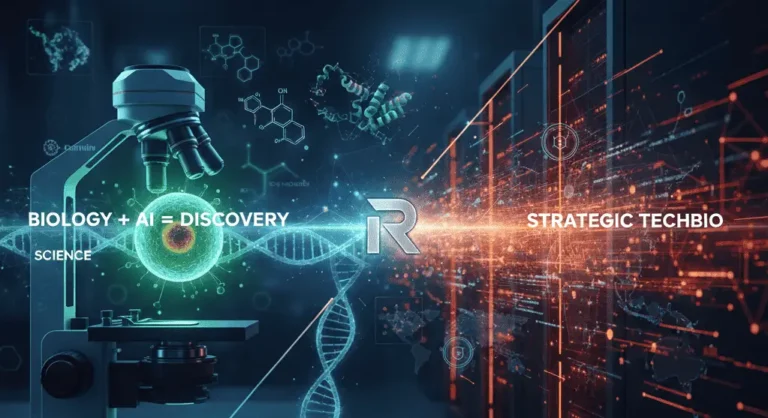 Microscope and glowing cell beside a DNA helix, joined by the Recursion "R" logo to server racks, illustrating "Biology + AI = Discovery"