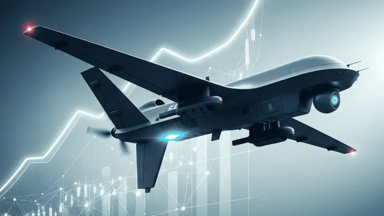 A military reconnaissance drone flying above a sharply rising stock chart, representing Red Cat Holdings amid its lawsuit over contract value claims