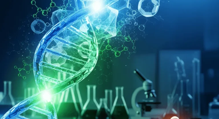 A glowing DNA double helix intertwined with molecules above lab equipment and medication capsules, representing Regeneron Pharmaceuticals' drug development pipeline