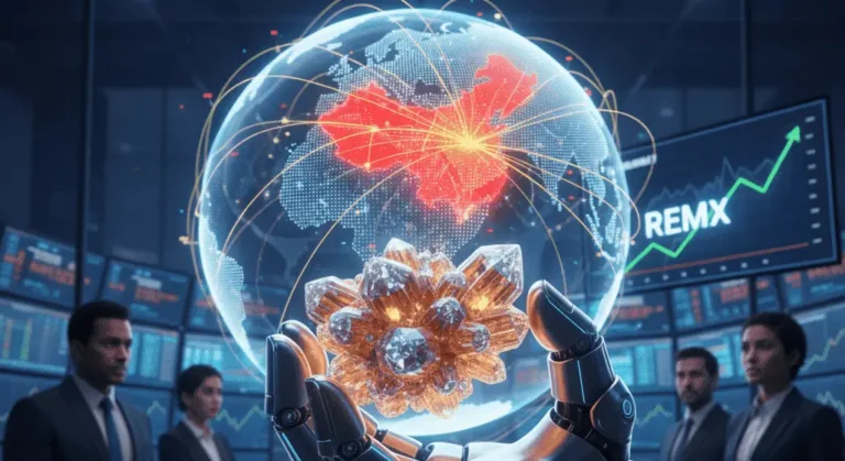 Robotic hand holding a glowing rare earth crystal below a holographic globe highlighting China, with a rising REMX stock chart in the background