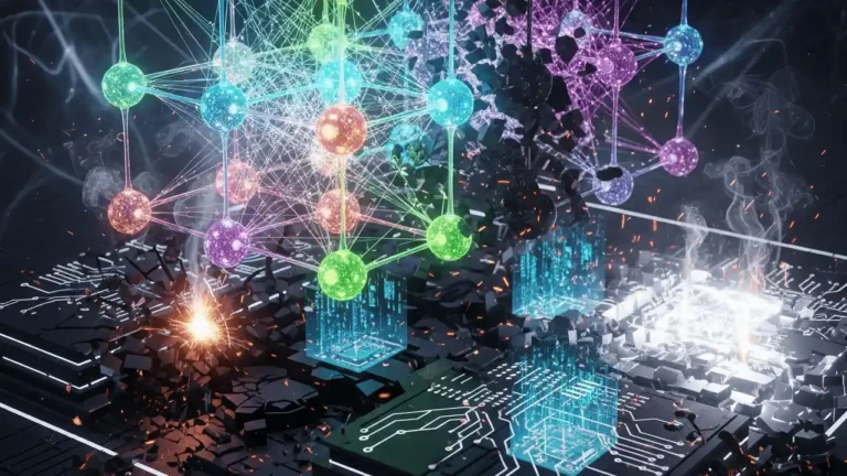 A glowing multicolored qubit lattice structure fracturing above a circuit board with sparks, representing Rigetti quantum computing's technological breakthroughs and market volatility