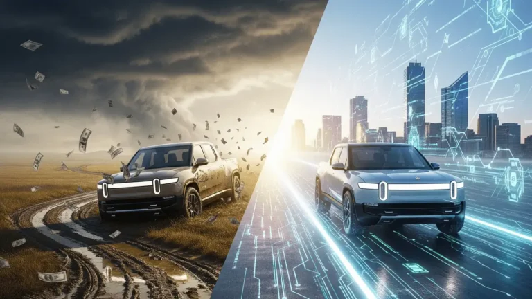 Split image contrasting a muddy Rivian truck in a stormy field with cash blowing away against a sleek Rivian driving into a glowing futuristic cityscape