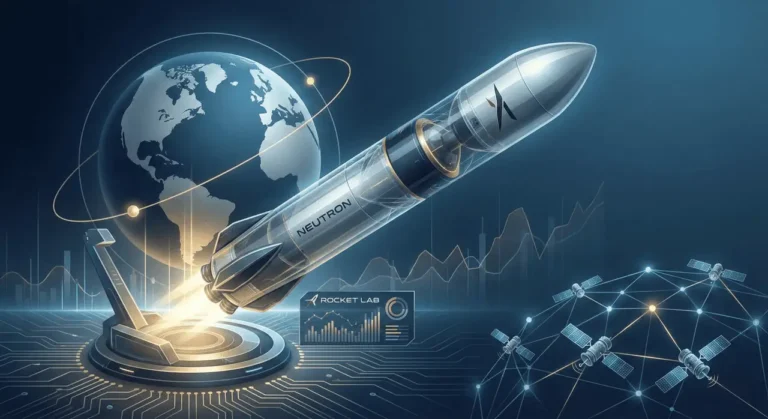 The Neutron rocket launching in front of a digital globe with a Rocket Lab stock chart and connected satellite network, representing RKLB stock's 2026 catalysts