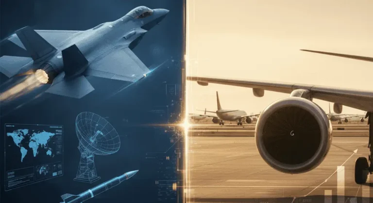 A stealth fighter jet with GaN radar technology beside a commercial jet engine and rising stock chart, representing RTX's $251B backlog spanning defense and aviation