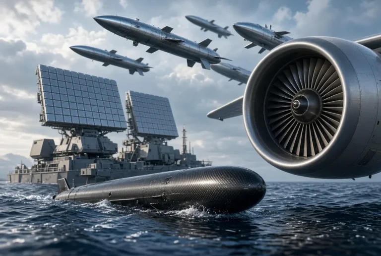 Detailed graphic displaying RTX multi-domain defense technologies including missiles, naval radar, jet engines, and underwater drones.