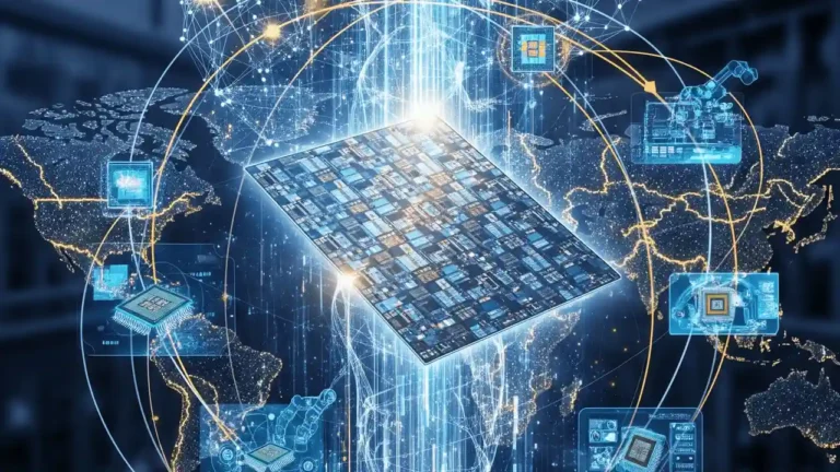 A glowing semiconductor wafer at the center of a global network connecting chip manufacturing facilities, representing the Samsung Tesla chip deal's semiconductor ecosystem