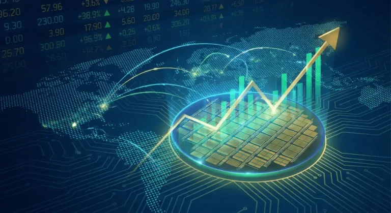 A semiconductor wafer chip beside a rising stock chart and ticker board over a world map, representing SanDisk SNDK stock's 2025 storage supercycle