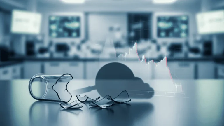 A shattered glass vial beside a declining red stock chart in a blurred trading floor, representing Sarepta stock decline tied to ELEVIDYS safety setbacks