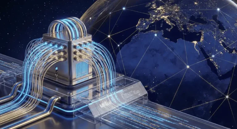 A satellite hardware module with glowing blue data cables in front of a networked digital Earth, representing Sidus Space stock's edge AI satellite technology