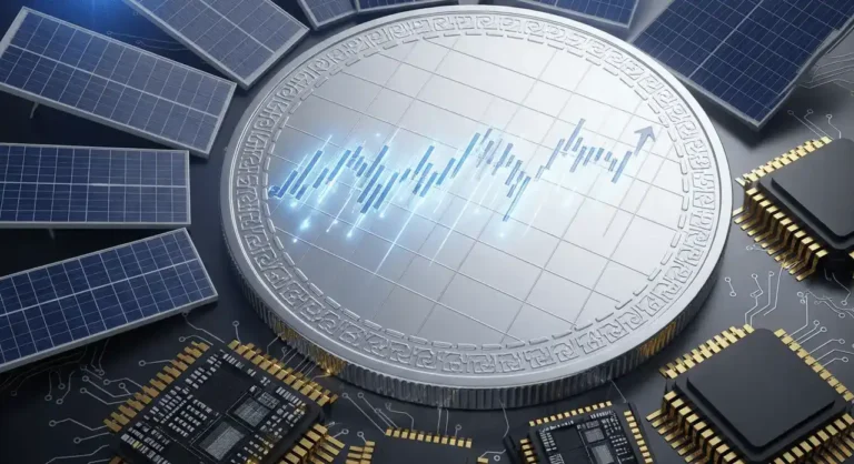 A silver coin with a rising stock chart engraved on its face, surrounded by solar panels and semiconductor chips, representing the silver price $100 forecast driven by industrial demand
