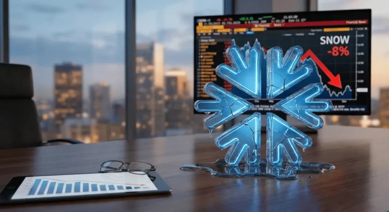 A cracked, melting ice snowflake beside a monitor showing SNOW stock down 8%, representing this Snowflake stock analysis 2025's bearish "Great Thaw" thesis