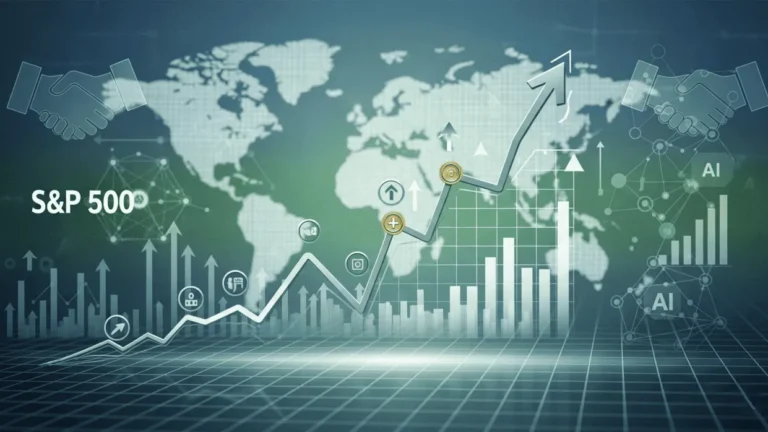A rising S&P 500 stock chart flanked by handshake icons for trade deals and AI network graphics, representing the S&P 500 surge 2025's earnings, trade, and tech drivers